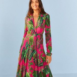 FARM RIO PINK LEAVES MAXI DRESS